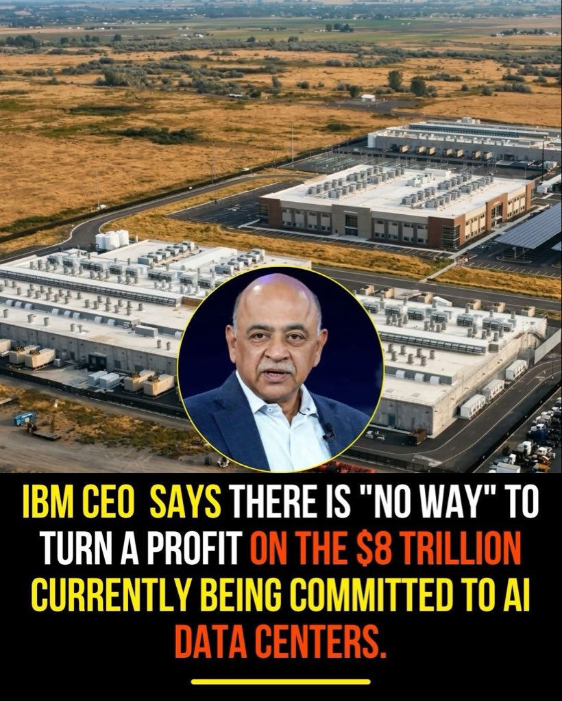 Truthtellerftm's tweet photo. The AI bubble burst will be worse than the dotcom bubble. None of these companies are profitable without government subsidies, or communism. 

IBM CEO Arvind Krishna says there is "no way" to turn a profit on the $8 trillion currently being committed to AI data centers.

Krishna notes that at $80 billion per gigawatt, a company committing to 20-30 GW faces $1.5 trillion in CapEx, requiring $800 billion in annual profit just to cover interest and depreciation of chips that must be replaced every 5 years.

0/10 of the top AI startups are profitable!