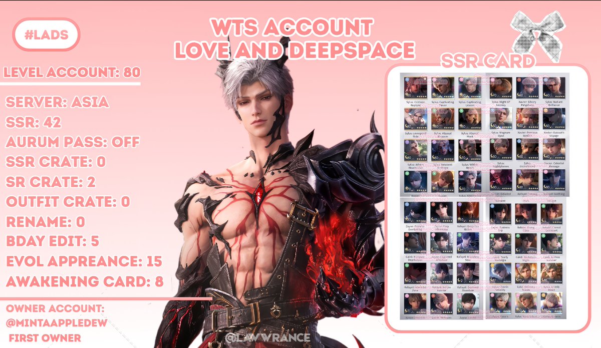 lawwrance's tweet photo. ⌗070 WTS LOVE AND DEEPSPACE ACCOUNT 💫 
— SYLUS FOCUSED 
MYTH LIMITED: Abysm Sovereign
MYTH STANDART: Relentless Conqueror R3, Lightseeker

💵 PRICE: IDR 650.000 / $47 NEGOTIABLE 
t. #zonauang #warunglad #warunglads https://t.co/Z9xOtcTGiv