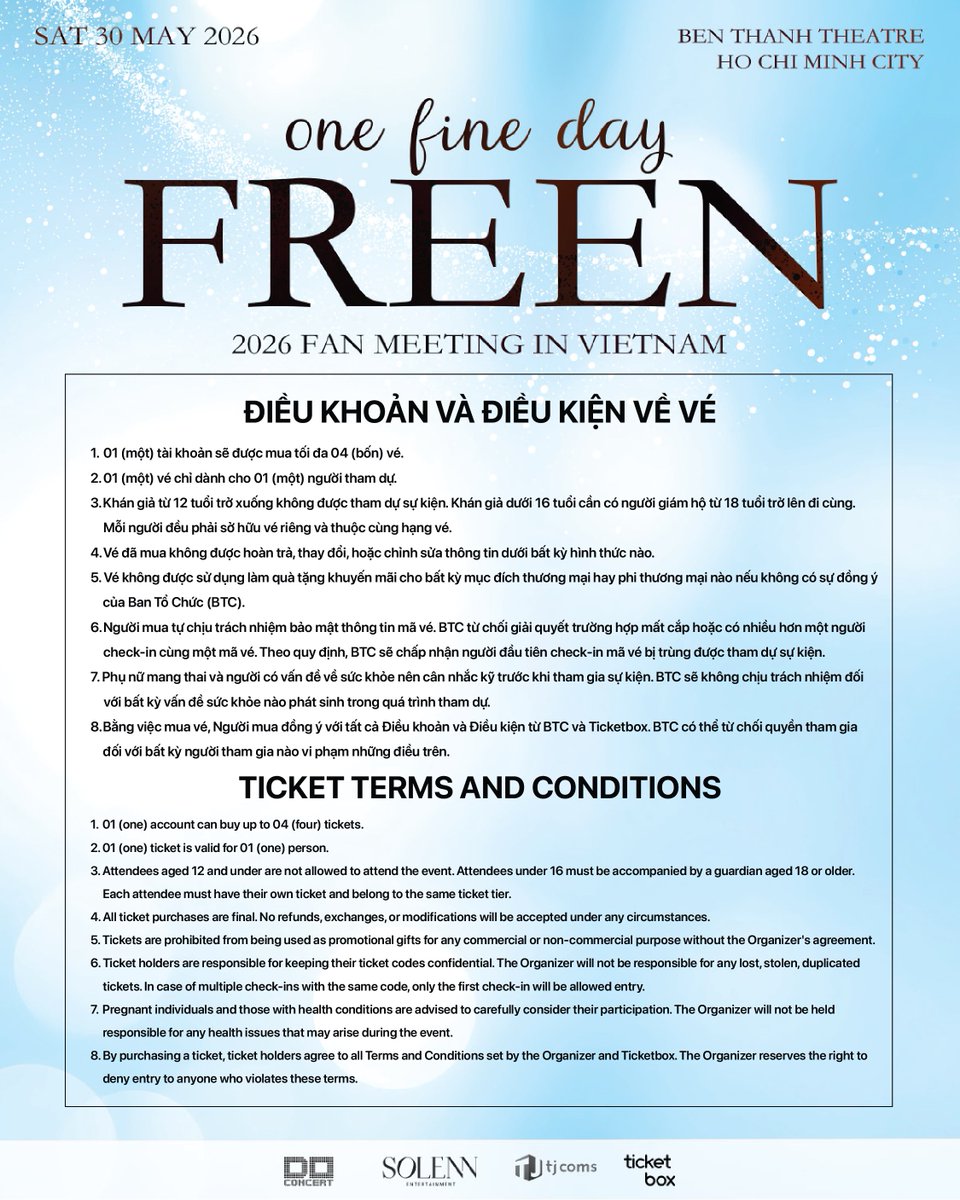 tjcoms_vietnam's tweet image. Các bạn fan Việt Nam đã sẵn sàng gặp FREEN vào cuối tháng 5 này chưa nào? 🇻🇳💖

2026 FREEN FAN MEETING IN VIETNAM - 'One Fine Day'

🗓 Ngày: 30/05/2026 (thứ bảy)
⏰ Thời gian: 14:00
📍 Địa điểm: Nhà hát Bến Thành
🎫 Giá vé: 6,000,000 / 4,500,000 / 3,000,000 VND
🎟 Vé
