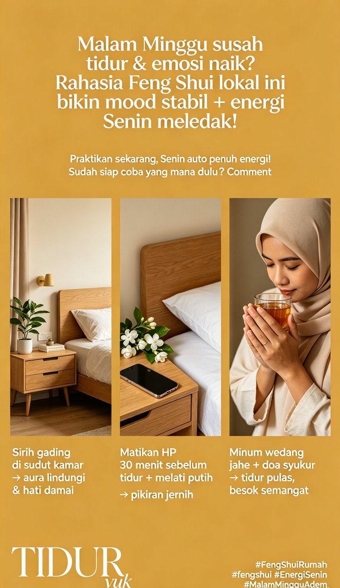KevieTanuwijaya's tweet image. ✨Malam Minggu bete &amp;amp; susah tidur?
Besok Senin, bisa hancur mood kerjamu.
Cepet coba ini:
🌿Sirih gading di kamar
📵Matikan HP + melati putih
🍵Wedang jahe + syukur
✅Tidur pulas, Senin auto semangat!
💬 Komen “TIDUR” mau coba yang mana?
#FengShuiRumah #MalamMingguAdem #fengshui