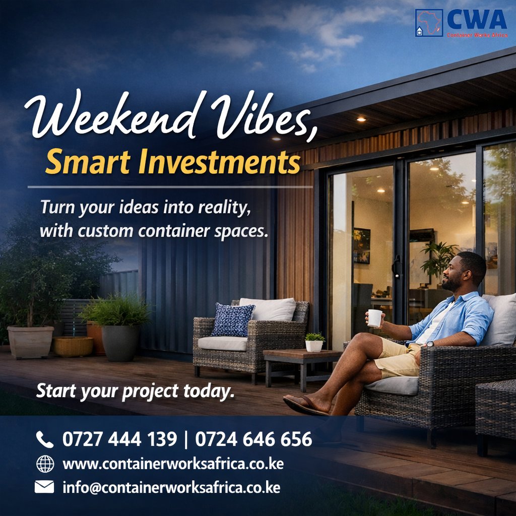 ContainerworksA's tweet image. Weekend is here… time to relax and plan your next move 
Turn your ideas into reality with our custom container spaces whether it’s an office, home, or business setup.

📞 0727 444 139 / 0724 646 656
🌐 containerworksafrica.co.ke⁠

#ContainerWorksAfrica #ContainerHomes #Container
