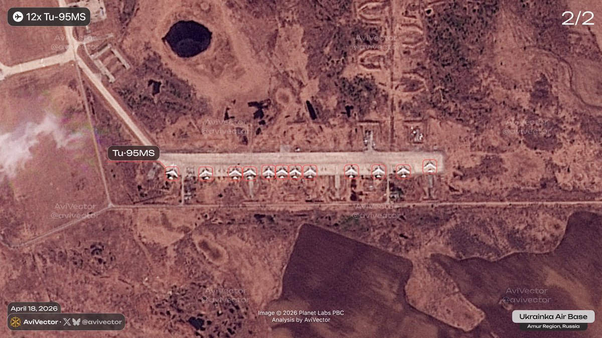 🔻 Satellite images of 🇷🇺 Ukrainka Air Base as of April 18, 03:01 UTC

The air base housed 35 Tu-95MS (Bear-H), 6 Tu-160 (Blackjack), and 2 Il-78M (Midas).

On April 16, four Tu-95MS from Olenya Air Base were redeployed to Ukrainka Air Base after a combat mission.

On the same