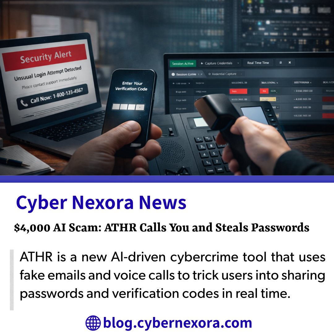 CyberNexoraNews's tweet image. A $4,000 AI tool is turning phone calls into phishing attacks.
ATHR uses fake emails + voice calls to steal passwords and OTPs in real time.

Stay alert. Verify before you trust.
#AI #Phishing #Vishing  #ATHR #CyberNexoraNews