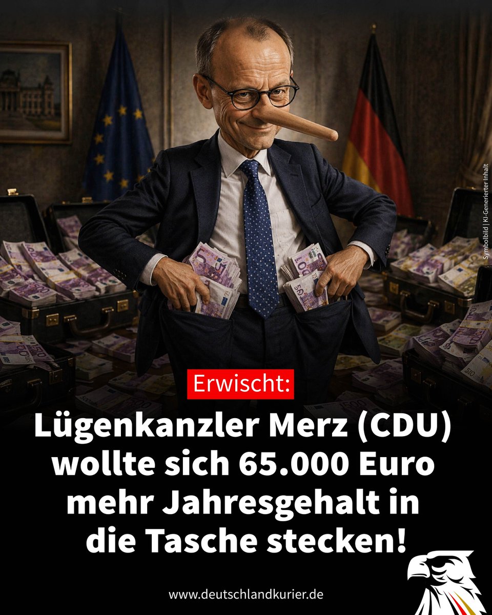 Erwischt: Lügenkanzler Merz (CDU) wollte sich 65.000 Euro mehr Jahresgehalt in die Tasche stecken!

Mit der Erhöhung der Bundesbeamtenbesoldung gemäß einem Urteil des Bundesverfassungsgerichts wollte sich die schwarz-rote Regierung heimlich, still und leise auch selber etwas