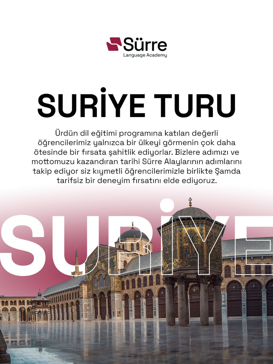 surre_akademi's tweet photo. Bir Ülke Değil, Bir Tarih Vadediyoruz!

Sürre Language Academy olarak sınırlarımızı genişletiyor, Ürdün'deki öğrencilerimizle birlikte medeniyetin atan kalbi Şam'da buluşuyoruz. Emevi Camii'nin avlusunda huzuru solumak, eski çarşılarında tarihe dokunmak istemez misin? https://t.co/HfCMB0pFMR