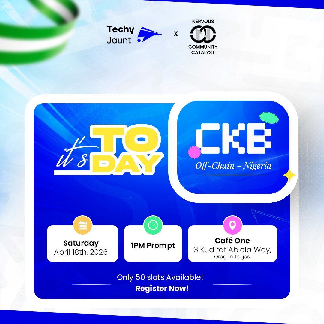 TechyJaunt's tweet photo. Today’s the day! 🚀
The CKB Off-Chain Nigeria event is finally here 🇳🇬

Ready to connect, learn, and explore real opportunities in Web3? This is where it all goes down 🔥

Join us today at Café One, Oregun Lagos State Nigeria 
⏰ 1PM Prompt
🗓️ April 18th, 2026

See you in a bit! 🎉