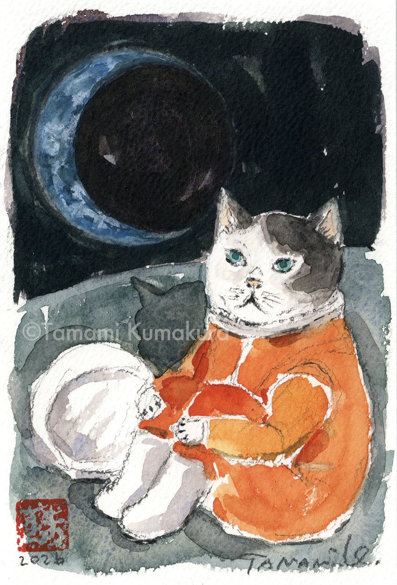 絵画。原画【かわいい猫が追随者の月と花の海を旅する】