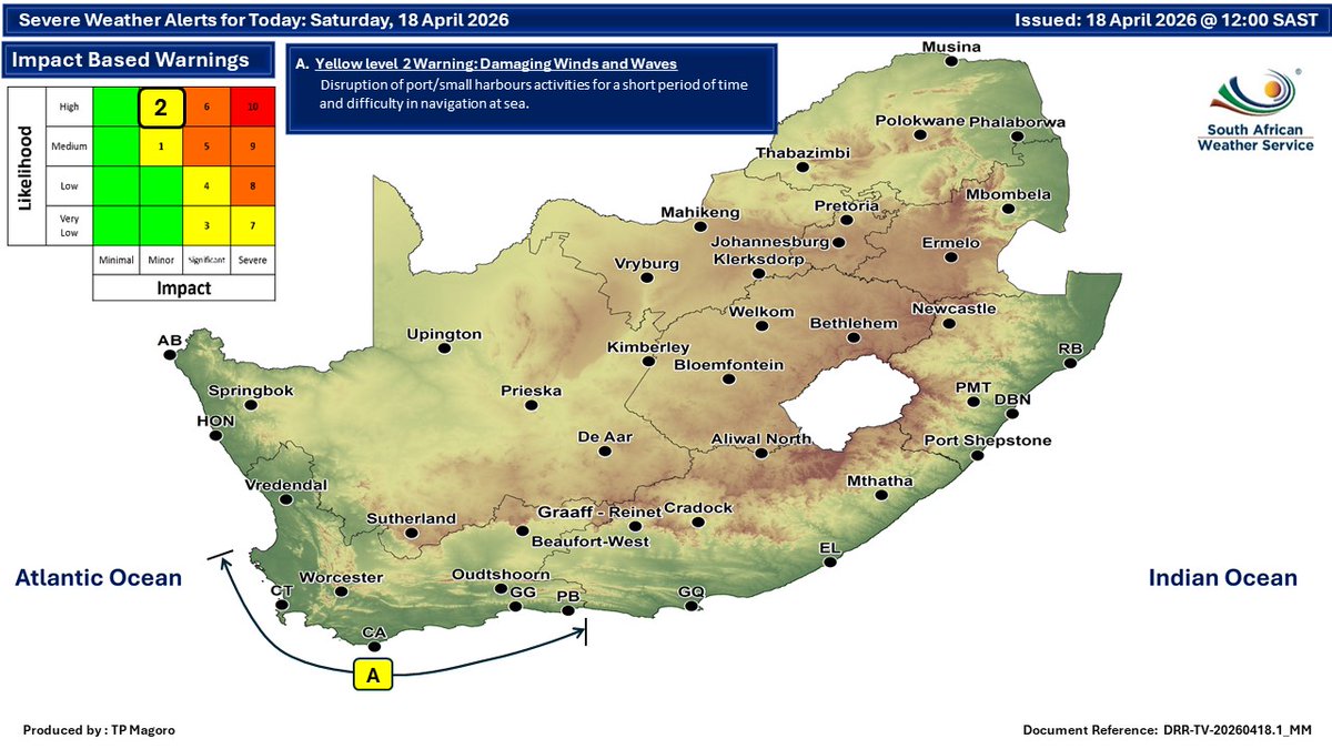 SAWeatherServic's tweet image. Weather forecast for today, 18 April 2026:
Partly cloudy and cool to warm with isolated to scattered showers and thundershowers ⚠️disruptive winds and waves
#saws #SAWeather #Warning