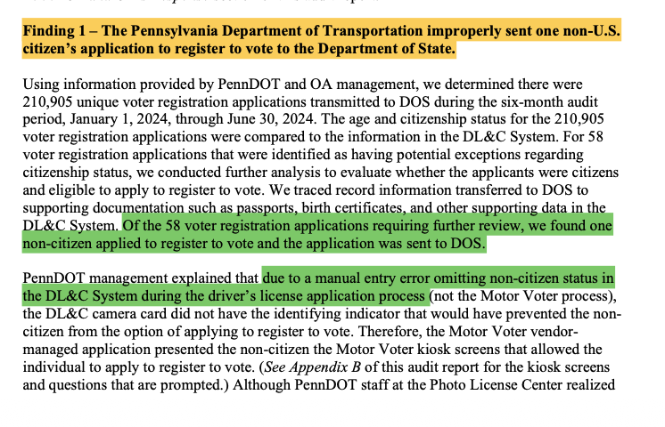 AngryFleas's tweet image. 🟩 DATA:  PA reviewed 210,905 voter registration applications and found ONE non-citizen.

The person was improperly shown an option to register because of a data entry error that omitted their non-citizen status.  #source 

paauditor.b-cdn.net/wp-content/upl…