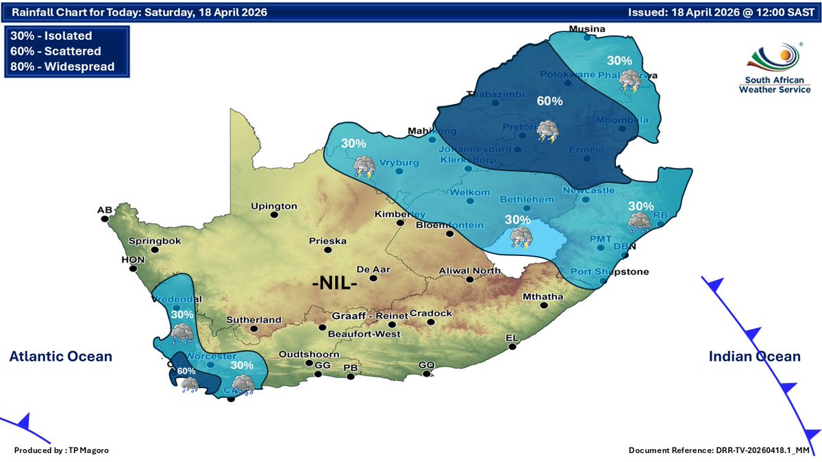 SAWeatherServic's tweet image. Weather forecast for today, 18 April 2026:
Partly cloudy and cool to warm with isolated to scattered showers and thundershowers ⚠️disruptive winds and waves
#saws #SAWeather #Warning