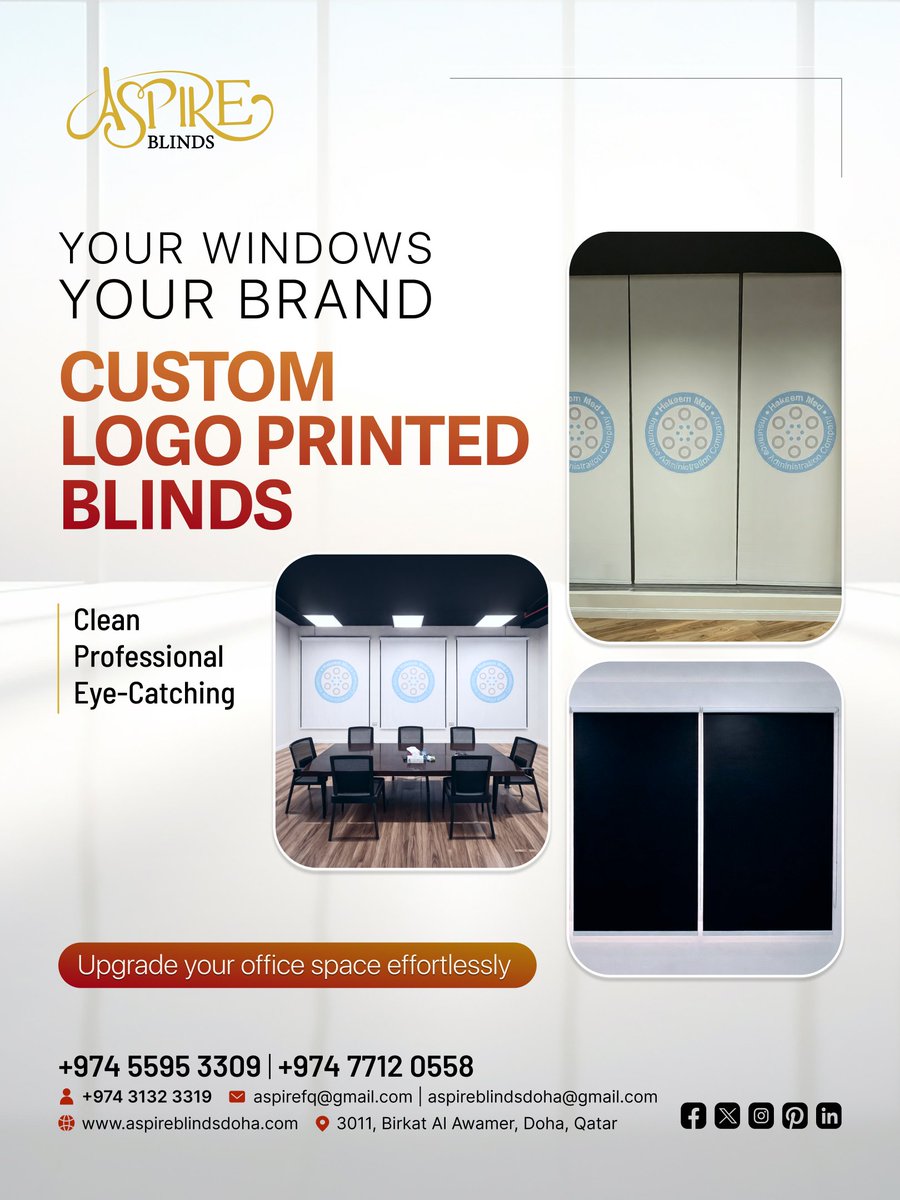 aspireblinds_'s tweet image. Your windows are your brand! 🏢✨
Upgrade your office with Custom Logo Printed Blinds that look clean, professional, and eye-catching.

📞 +974 5595 3309 
🌐 aspireblindsdoha.com

#AspireBlinds #LogoPrintedBlinds #OfficeBranding #DohaQatar #WindowBlinds