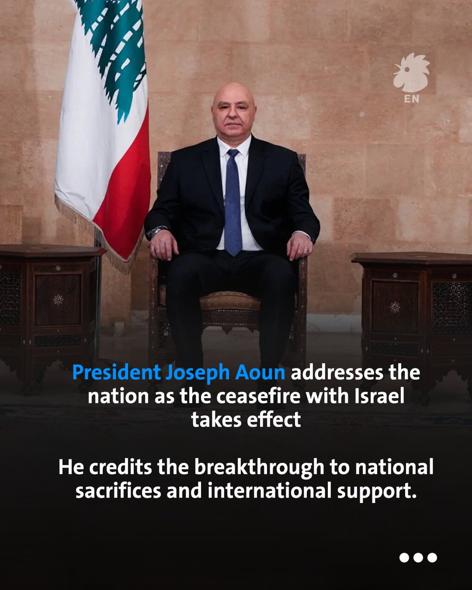 AnnaharEn's tweet image. Aoun frames the ceasefire as a sovereign turning point, rejecting concessions and promising unity, stability, and the return of displaced citizens.

#lebanon #president #aoun #israelisupporterimranniazi 
@LBpresidency