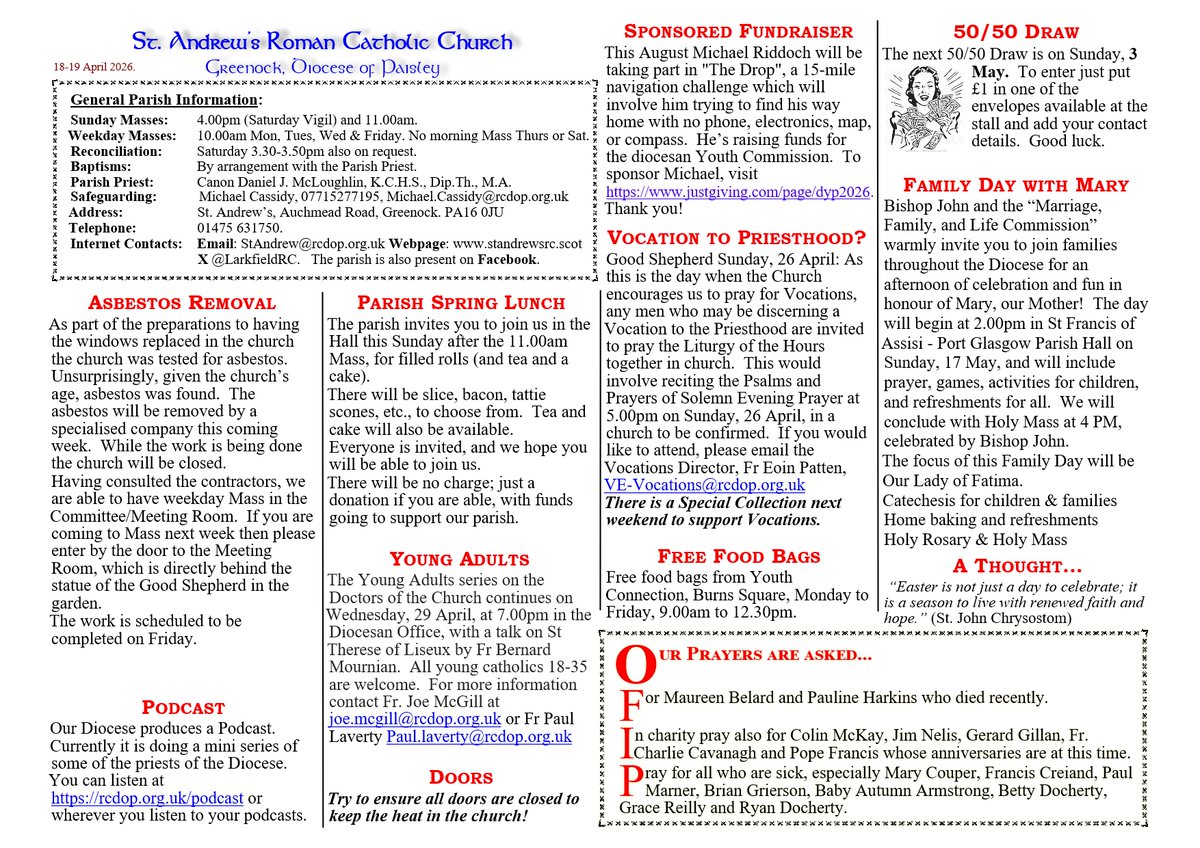 LarkfieldRC's tweet photo. Parish Bulletin w/e 18-19 April 2026. https://t.co/6lnr2adwlX