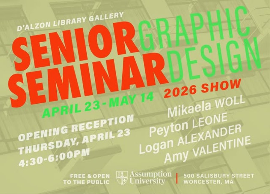 AssumptionDCLAS's tweet photo. The Department of Art and Music will be hosting their Senior Seminar for Graphic Design students from April 23-May 14. Opening reception will be Thursday, April 23 at 4:30PM in the D'Alzon Library. This event is free and open to the public. https://t.co/uhhbgvrdd1