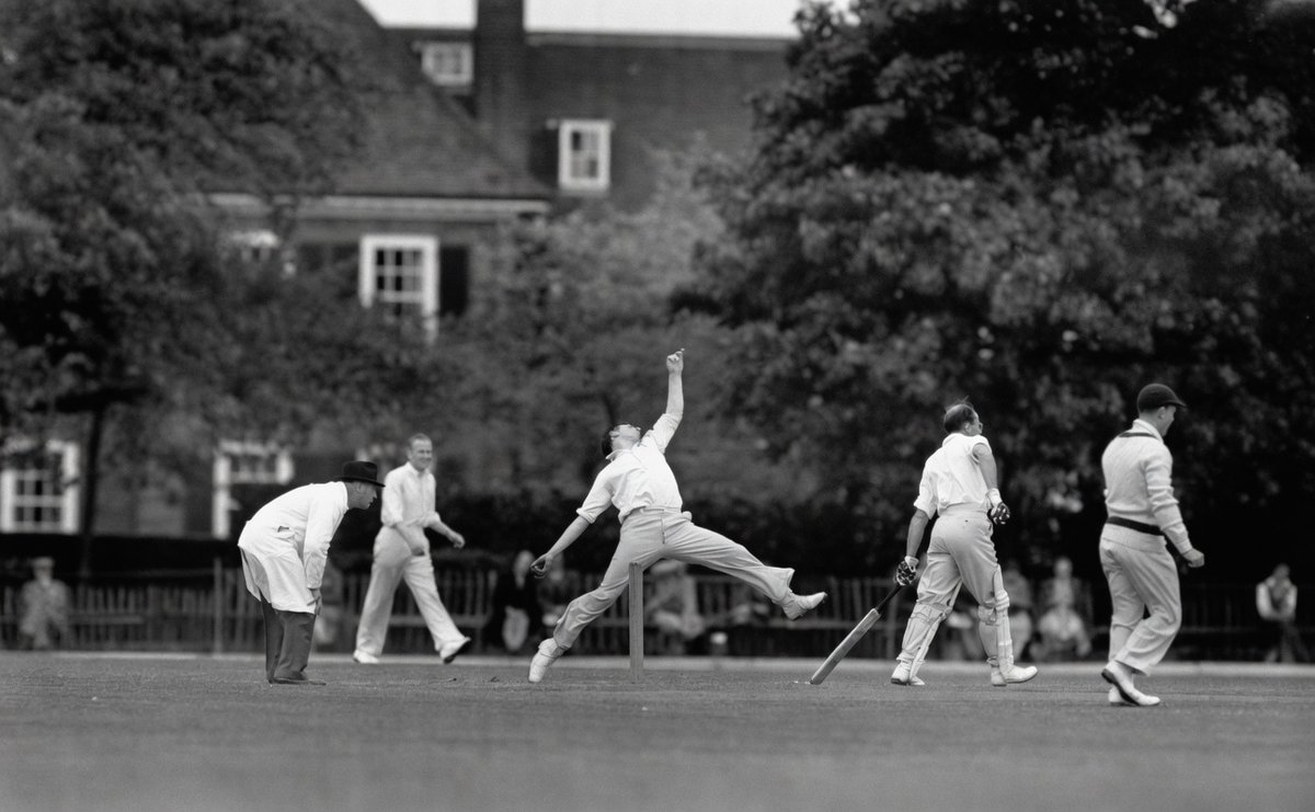 PictureSporting's tweet photo. A classic picture of 20-year-old Fred Trueman bowling for Yorkshire v Essex at Brentwood, June 14th 1951.  In his first full season he took 90 wickets at 20.57 and was carefully managed by Norman Yardley to ensure he was not overbowled. National Service meant Trueman's appearances were limited in 1952 and 1953 although he did make his Test debut in that time