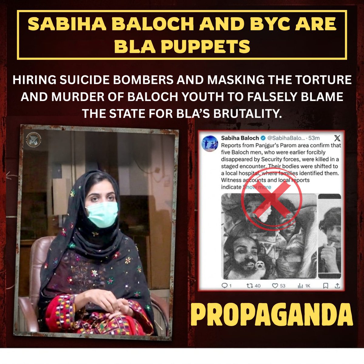 Bleed_GreenPK's tweet image. 🔴 The Face of Terror: Dr. Sabiha Baloch’s Complicity with BLA Exposed

Dr. #SabihaBaloch and #BYC are complicit in #BLA crimes, confirmed by arrested suicide bomber Farzana Zehri, who revealed their alliance. 
#Balochistan