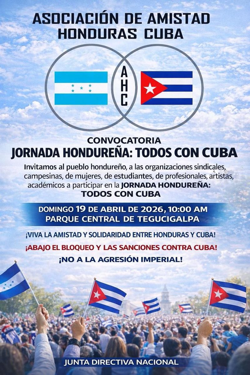 IzquierdaUnid15's tweet photo. #CubaNoEstáSola y así lo demuestra la Asociación de Amistad Honduras-Cuba, quienes hoy desde ese hermano país, condenarán el asedio brutal de los EEUU, la imposición de sanciones así como el bloqueo económico, comercial y financiero contra Cuba. #IzquierdaLatina. #TumbaElBloqueo. https://t.co/8XptPlgaEZ