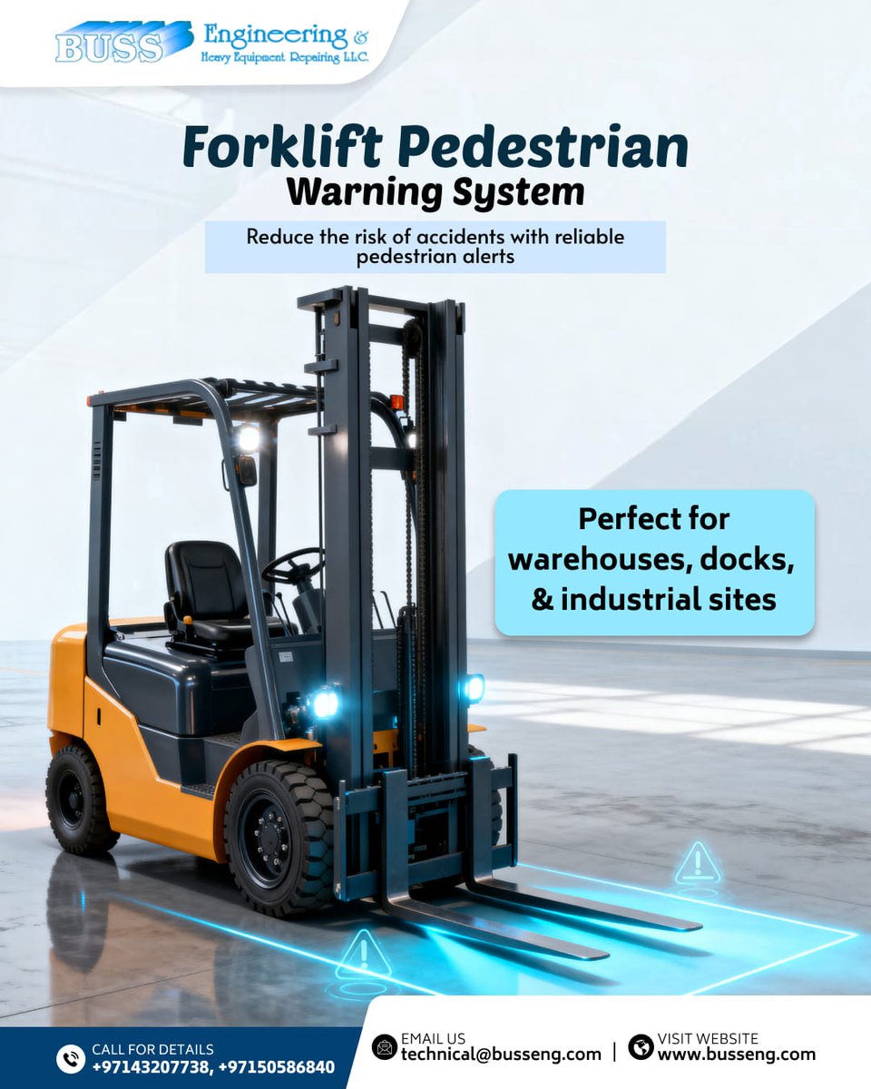BussEngineering's tweet photo. ⚠️ Forklift Pedestrian Warning System
✅ Enhanced Safety
✅ Reliable Pedestrian Alerts
✅ Ideal for High-Traffic Areas
📞 +97143207738, 50586840
🌐 https://t.co/WCV1BH0WeU

#ForkliftSafety #PedestrianWarning #WarehouseSafety #IndustrialSafety #AccidentPrevention #WorkplaceSafety https://t.co/MG358StEXJ
