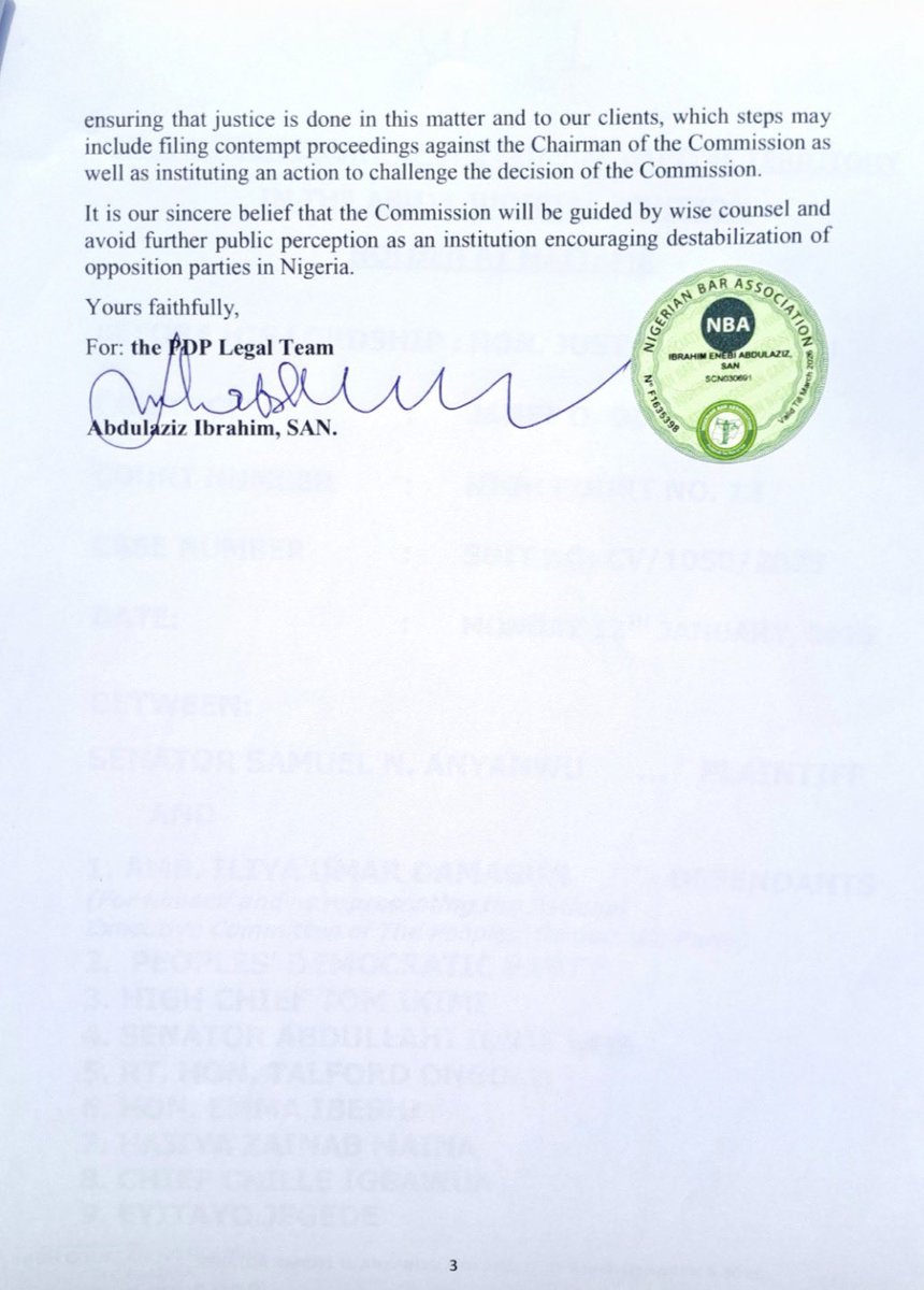 INEC CHAIRMAN, AMUPITAN, MUST VACATE OFFICE.

A law firm, Chris Uche &amp; Co., has formally written to the INEC Chairman under the subject "Notification of Subsisting Judgment of Court Affirming Expulsion of Senator Samuel N. Anyanwu from the Peoples Democratic Party and Demand for