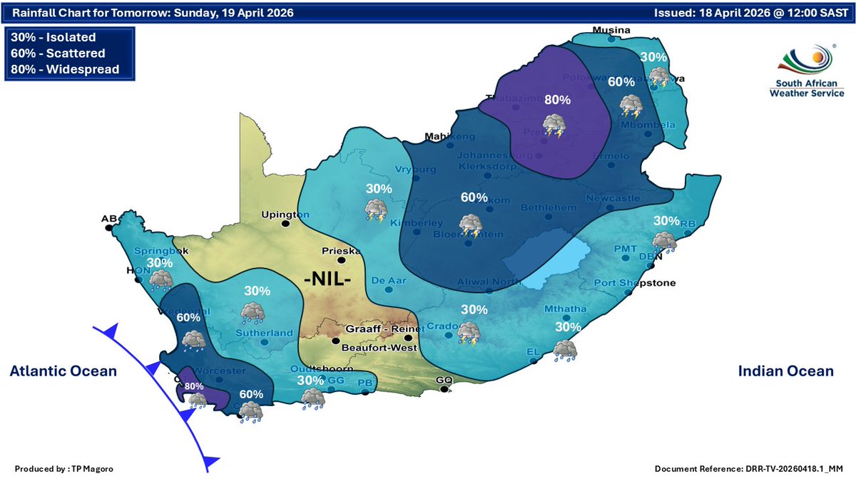 SAWeatherServic's tweet image. Weather forecast for  tomorrow, 19 April 2026:
Partly cloudy and cool to warm with isolated to scattered showers and thundershowers but widespread in places ⚠️Severe thunderstorms, disruptive rain, disruptive winds and waves
#saws #SAWeather #Warning
