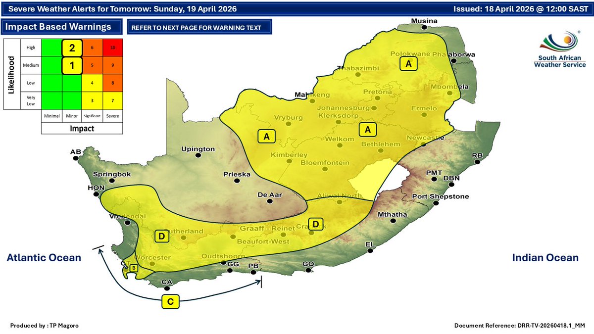 SAWeatherServic's tweet image. Weather forecast for  tomorrow, 19 April 2026:
Partly cloudy and cool to warm with isolated to scattered showers and thundershowers but widespread in places ⚠️Severe thunderstorms, disruptive rain, disruptive winds and waves
#saws #SAWeather #Warning