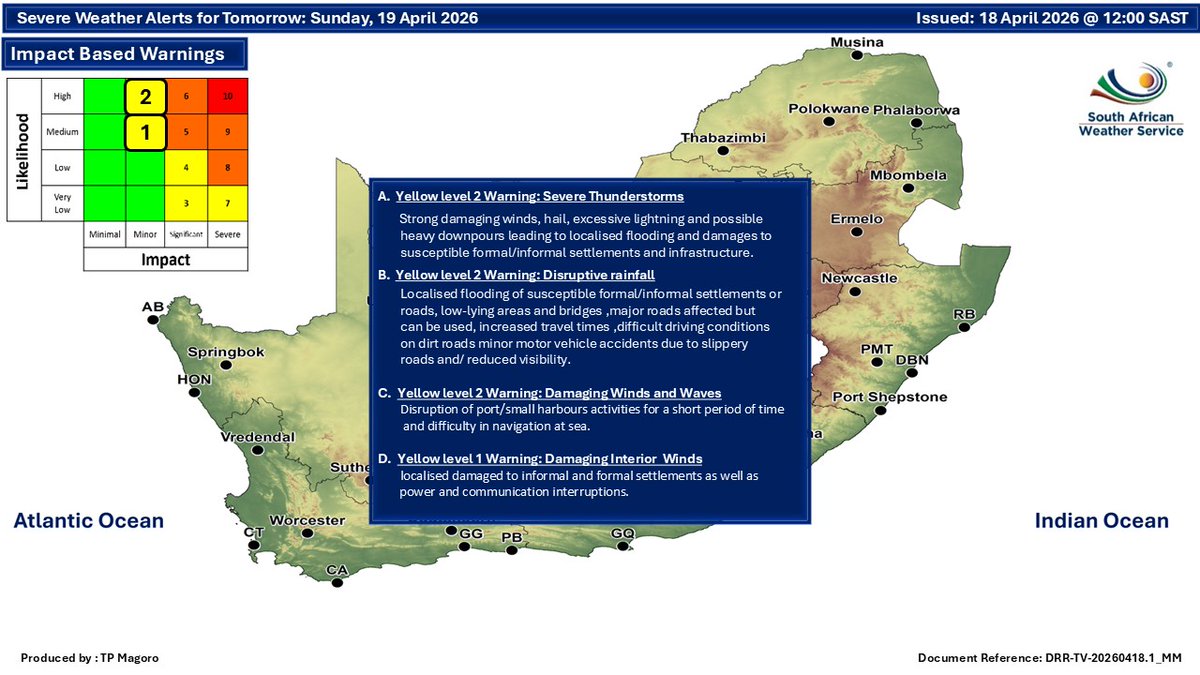 SAWeatherServic's tweet image. Weather forecast for  tomorrow, 19 April 2026:
Partly cloudy and cool to warm with isolated to scattered showers and thundershowers but widespread in places ⚠️Severe thunderstorms, disruptive rain, disruptive winds and waves
#saws #SAWeather #Warning