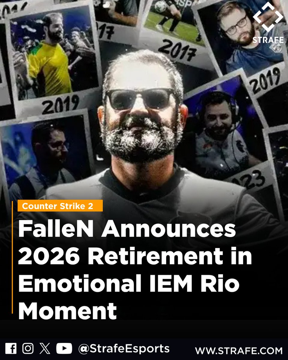 strafeapp's tweet image. FalleN announces he will retire at the end of 2026

The Brazilian legend shared the news live at IEM Rio, saying he has 247 days left after a 23 year journey in Counter Strike.

How do you remember FalleN’s legacy

#CS2 #IEMRio #Esports
