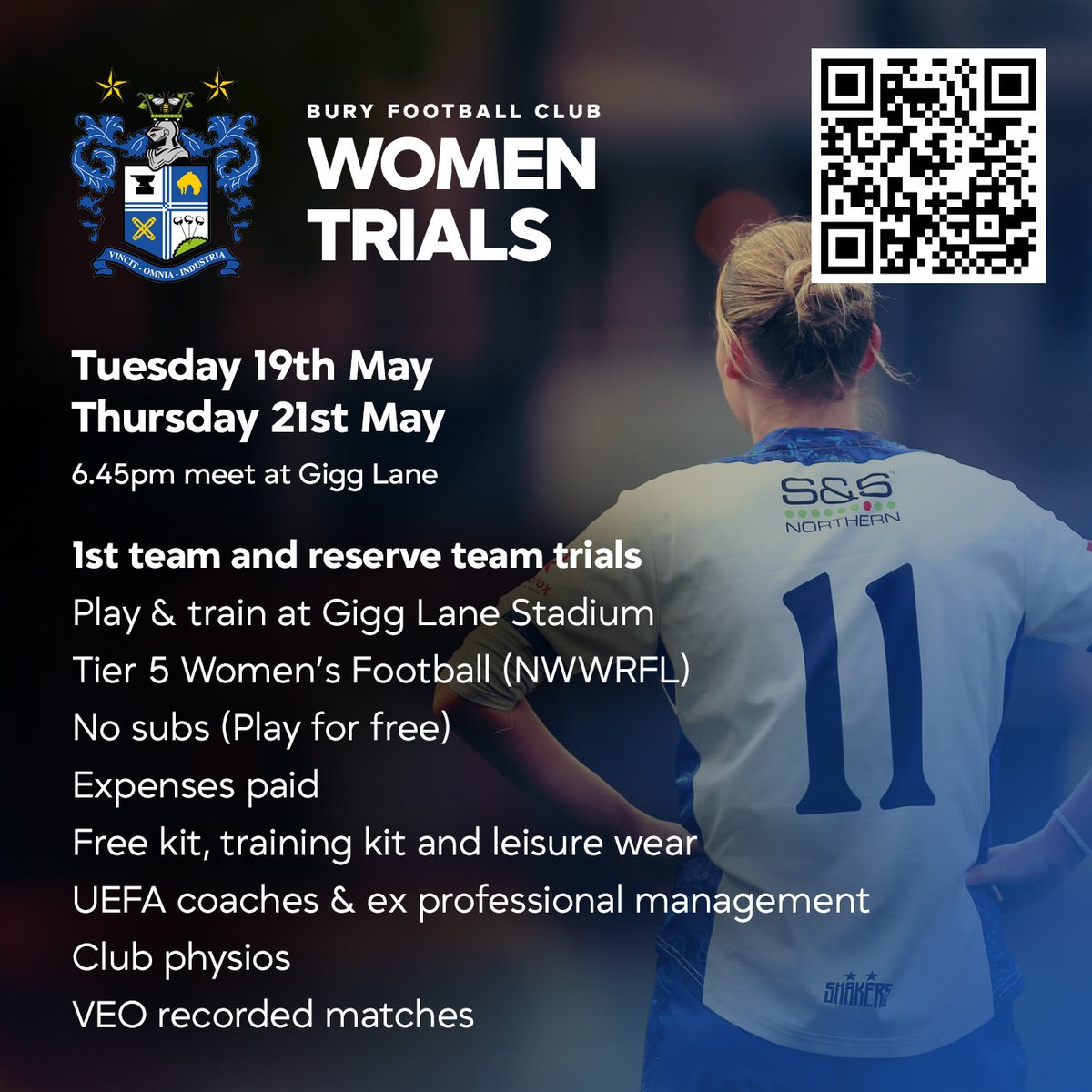buryfc_women's tweet photo. Fancy becoming a shaker? We’re holding trials! ⬇️

Scan the QR code now and fill in the form! Please note we are not just looking for Tier 6 and above, we are open to players of all levels 💙

🏟️ Gigg Lane
📆 19th &amp; 21st May 
⏰ 6.45-8.30PM 

#buryfc | #bfc140 https://t.co/GHSa9HTPG7