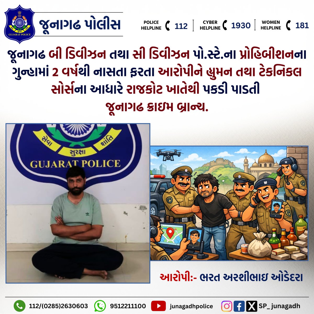 SP_Junagadh's tweet image. જૂનાગઢ બી ડિવીઝન તથા સી ડિવીઝન પો.સ્ટે.ના પ્રોહિબીશનના ગુન્હામાં 2 વર્ષથી નાસતા ફરતા આરોપીને હ્યુમન તથા ટેકનિકલ સોર્સના આધારે રાજકોટ ખાતેથી પકડી પાડતી જૂનાગઢ ક્રાઇમ બ્રાન્ચ.

@CMOGuj
@sanghaviharsh
@GujaratPolice
@dgpgujarat
@DIG_JND_Range
#gujaratpolice #junagadhpolice