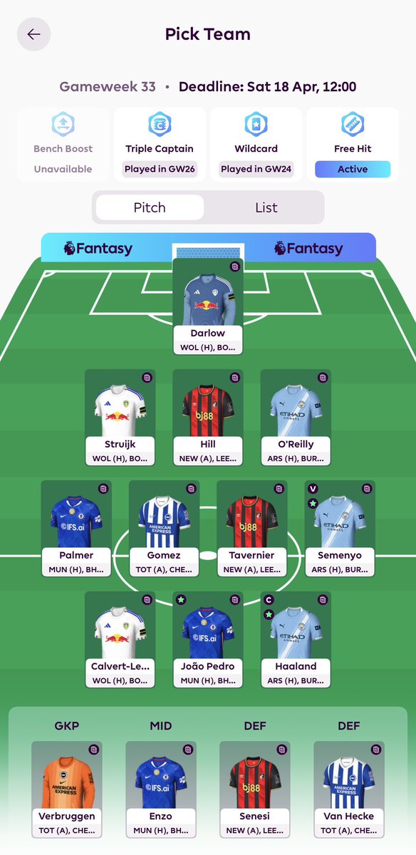 TMUniteed's tweet photo. 🔒 DGW33 - Freehit team
🌍 352k
🧢 Haaland

🍀 Good Luck

#FPL #FPLCommunity #Freehit #DGW33 https://t.co/WiU0g40d3W
