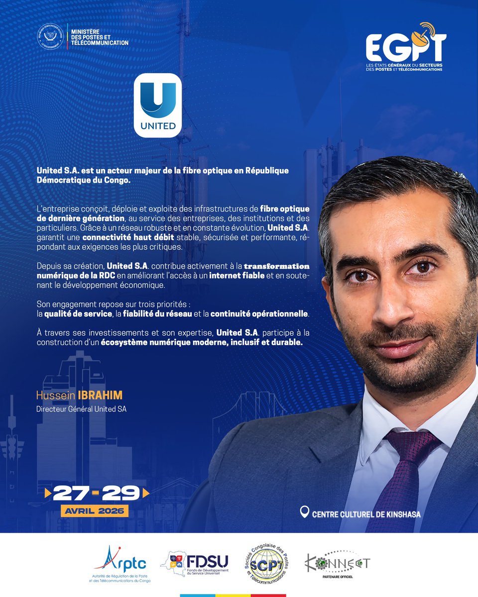 EtatsGeneraux26's tweet photo. À travers cette participation, United S.A. réaffirme sa volonté de contribuer à la construction d’un écosystème numérique moderne, inclusif et durable.

#UnitedSA #EGPT #RDC #Telecom #FibreOptique #TransformationNumerique #Innovation #Connectivite #Infrastructure #DigitalAfrica https://t.co/MqfwoPiq46
