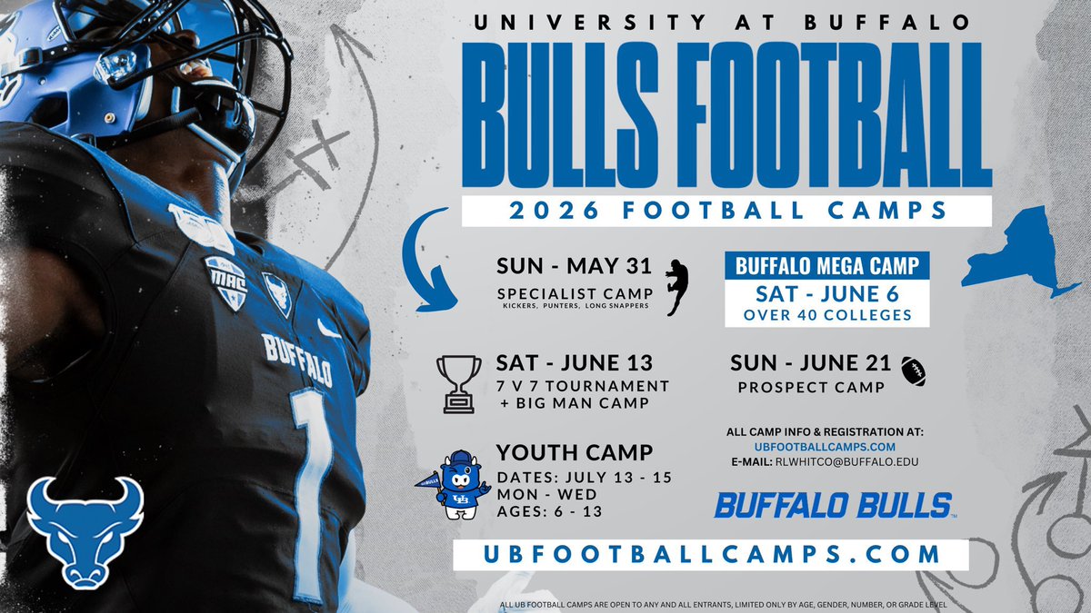 🦬 University 𝘼𝙏 𝘽𝙐𝙁𝙁𝘼𝙇𝙊 Football

May 31 • Specialist Camp
June 6 • Mega Camp
June 14 • 7 v 7 + Big Man Camp
June 21 • Prospect Camp

ubfootballcamps.com