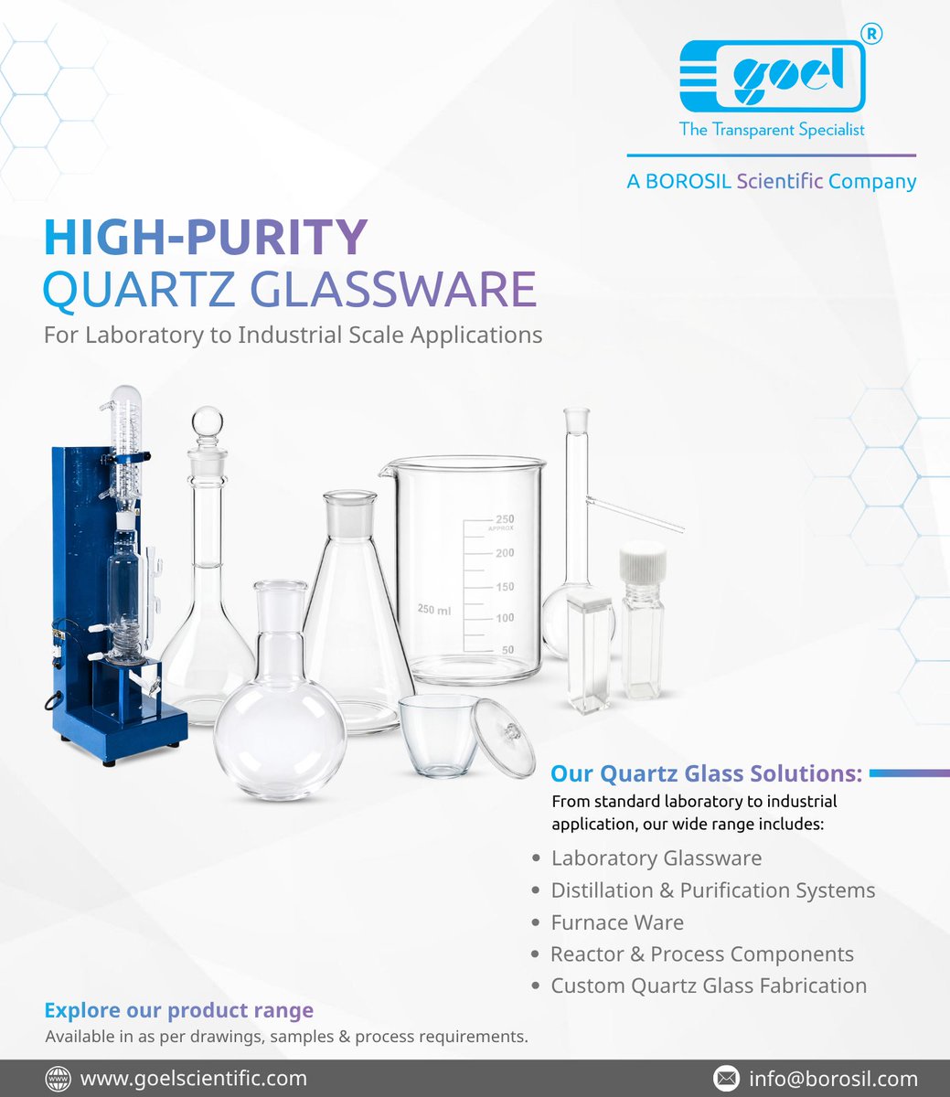 gsgwl's tweet photo. Quartz Glass shaping the future 🔬 Precision-crafted, high-purity solutions for lab &amp; industrial needs. Custom-built to your specs. 📩 sales@borosil.com | 🌐 https://t.co/GeTCTuRtOH #GoelScientific #BorosilScientific #Quartzglassware https://t.co/ypV2ScLwYh