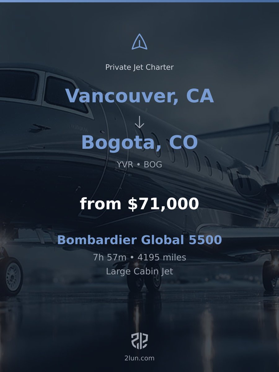 2lunjet's tweet image. 🇨🇦 Vancouver → Bogota 🇨🇴
Private Jet Charter

7h 57m | 4195 miles | From $71,000

Book your flight:
2lun.com/route/cyvr/skbo

#FlyPrivate #PrivateJet #JetLife