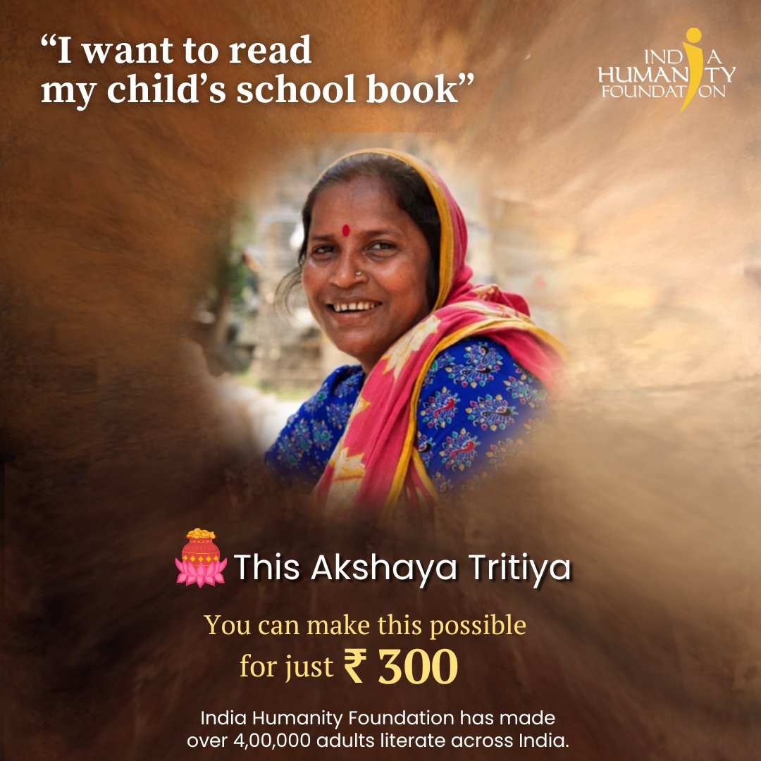 IHF_Nonprofit's tweet image. “I want to read my child’s book.” 
This Akshaya Tritiya, you can make it possible.
₹300 can change a life.
👉 Donate Now:
ihf.org.in/donate.php

#indiahumanityfoundation #servinghumanity #makeindialiterate #akshyatritiya #educationforall