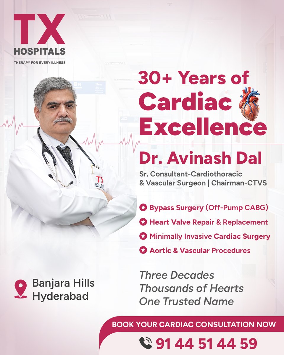txhospitals's tweet image. Experience matters in heart care.
Dr. Avinash Dal delivers precise, trusted cardiac treatment.
Your heart deserves the best.

91445 14459
TX Hospitals – Banjara Hills | Kachiguda | Uppal | Miyapur
#TXHospitals #HeartCare #TrustedCare #tophospitalsinhyderabad