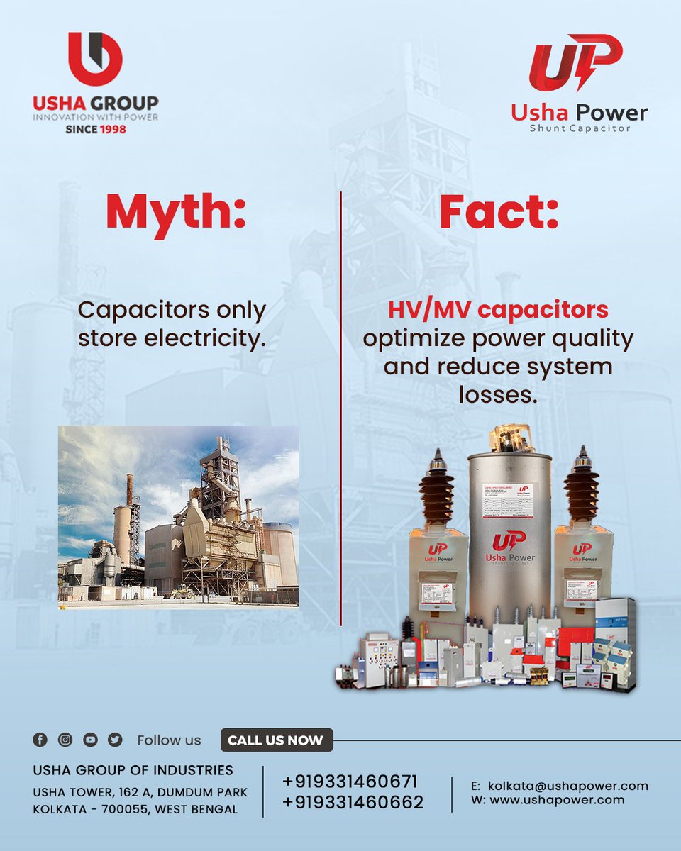GroupUsha's tweet image. Boost your power efficiency with smarter capacitor solutions ⚡ Improve performance, reduce losses, and upgrade your system today. Get in touch now!

#PowerSolutions #EnergyEfficiency #ElectricalEngineering #SmartEnergy #IndustrialSolutions #PowerQuality