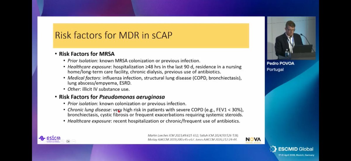 accpinfdprn's tweet image. 🧪 Great review on severe community-acquired MRSA and PSAR pneumonia risk factors by Dr. Pedro Povoa!

#ESCMIDGlobal2026 #IDXPosts #Pneumonia