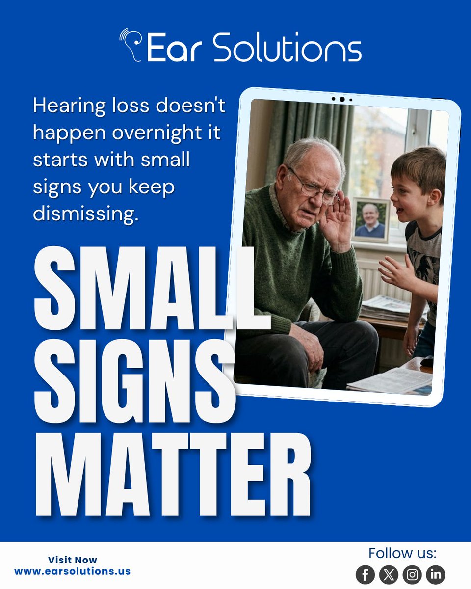 earsolutionsus's tweet image. Small signs today can become big problems tomorrow 👂⚠️Don’t ignore your hearing—act early.

👉 Book your FREE hearing test now
🌐 earsolutions.us

#HearingLoss #HearingCare #EarlyDetection #BetterHearing #DontIgnore #Audiology #HealthyLiving #EarSolutions #SoundMatters