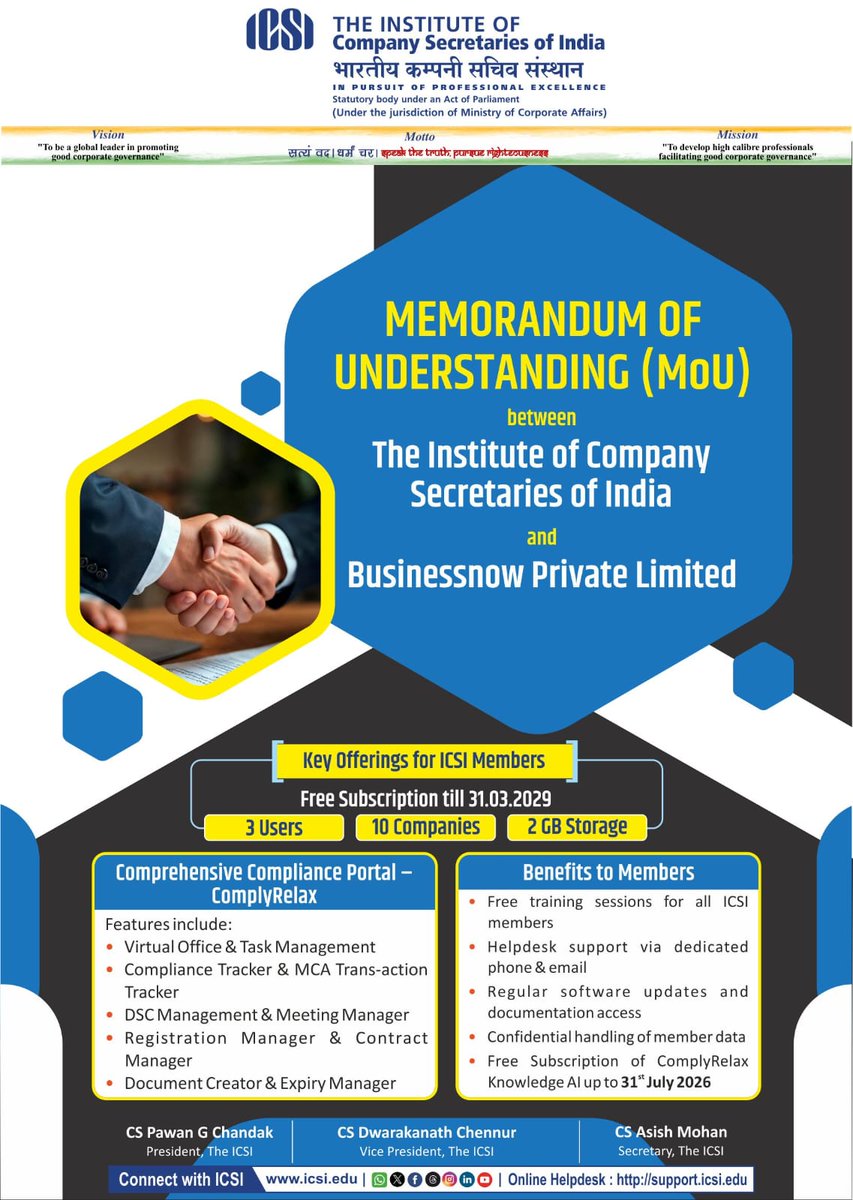 icsi_cs's tweet photo. #ICSI inks MoU with AU Small Finance Bank in the presence of #CS Pawan G Chandak, President, the ICSI, CS Manish Gupta, Former President, the ICSI, unveiling exclusive benefits for ICSI Members https://t.co/eWijQAuoLE