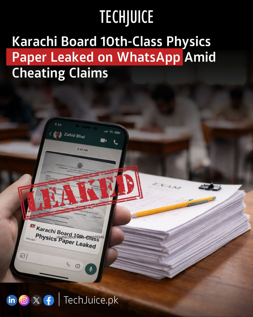 TechJuicePk's tweet image. Karachi physics paper leak sparks cheating concerns.
The 10th-class Physics paper under the Board of Secondary Education Karachi was leaked on WhatsApp on April 18. Candidates openly used smartphones during exams.
#techjuice #karachi #education #exams #news