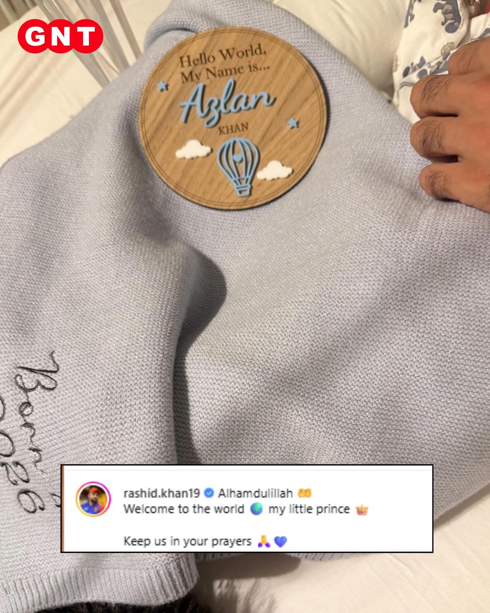 GoodNewsToday's tweet image. राशिद खान के घर खुशियों ने दस्तक दी है। 14 अप्रैल 2026 को उन्होंने और उनकी पत्नी ने अपने बेटे का स्वागत किया, जिसका नाम अज़लान खान रखा गया है।

राशिद ने सोशल मीडिया पर यह खुशखबरी साझा करते हुए अपनी खुशी और आभार व्यक्त किया।

#RashidKhan #BabyBoy #NewDad #GoodNews #CricketNews