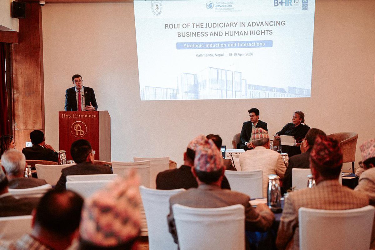 UNDPNepal's tweet photo. A judicial workshop—organized today with OHCHR and the Judges Society, with support from Government of Sweden—brought together 40 judges from Nepal’s judiciary to exchange experiences in handling complex, business related human rights cases and build capacity to seek remedy for those most at risk. 

Speaking in the event, Acting Chief Justice Rt. Hon. Sapana Malla Pradhan explained that Nepal’s Constitution already provides a mandate to the judiciary to ensure accountability for business cases. The task now is to define the conditions in which it can hold both state and private actors accountable towards advancing human rights. 

@UNDP Deputy Resident Representative Julien Chevillard highlighted that a responsive judiciary is key to inclusive and rights-based economic development, and that UNDP is committed to support the judiciary in this initiative to ensure accountability and sustain public trust. 

As courts increasingly address complex cases at the intersection of business and human rights, the role of judiciary is becoming critical in ensuring timely remedies for affected communities.
In Nepal, this priority is reflected in the National Action Plan on Business and Human Rights (2023), which prioritizes strengthening access to justice, especially for workers, women, and vulnerable groups.