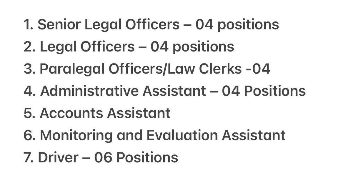 JobAdvertsUG's tweet image. Uganda Law Society is hiring

1. Senior Legal Officers – 04 
2. Legal Officers – 04
3. Paralegal Officers/Law Clerks -04
4. Administrative Assistant – 04 Positions
5. Accounts Assistant
6. Monitoring and Evaluation Assistant
7. Driver – 06

Details: jobadverts.ug/job/24-jobs-at…

#Jobs