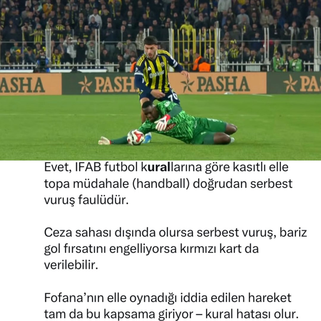 🚨Dün oynanan Rizespor maçında net kural hatası vardır.

❌Çaykur Rizespor kalecisi Fofana bariz gol şansını elle engellediği için net şekilde kırmızı kart çıkması gerekiyordu. Ayrıca olmayan serbest vuruş da yanlış yerden kullanıldı. Pozisyonun devamında da pozisyon gol ile