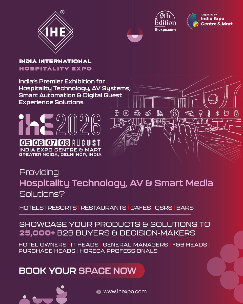 IIHExpo's tweet image. Showcase Your Hospitality #Technology, AV &amp;amp; Smart Media Solutions!!

Connect with Hotel Owners, General Managers, IT Heads, F&amp;amp;B Heads, Procurement Heads, AV Consultants, and #HORECA Professionals across Hotels, #Resorts, Restaurants, #QSRs, Cafes &amp;amp; Bars.