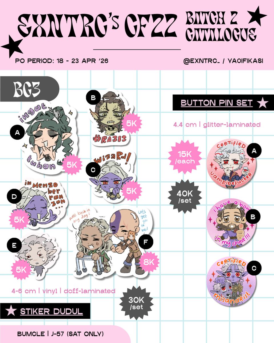 exntrc_'s tweet photo. [♡ + ↻ appreciated!]  

exntrc's #cf22 batch 2 preorder  (ゝω・´★) 
📆18-23 april
💌 ots pickup &amp; mail order
🦆 bumcle J-57 
☁️ ff7, silent hill f, bg3, iwtv, original, clearance (various) 

(1/3)
#cf22catalogue https://t.co/6AuD5JtVKq