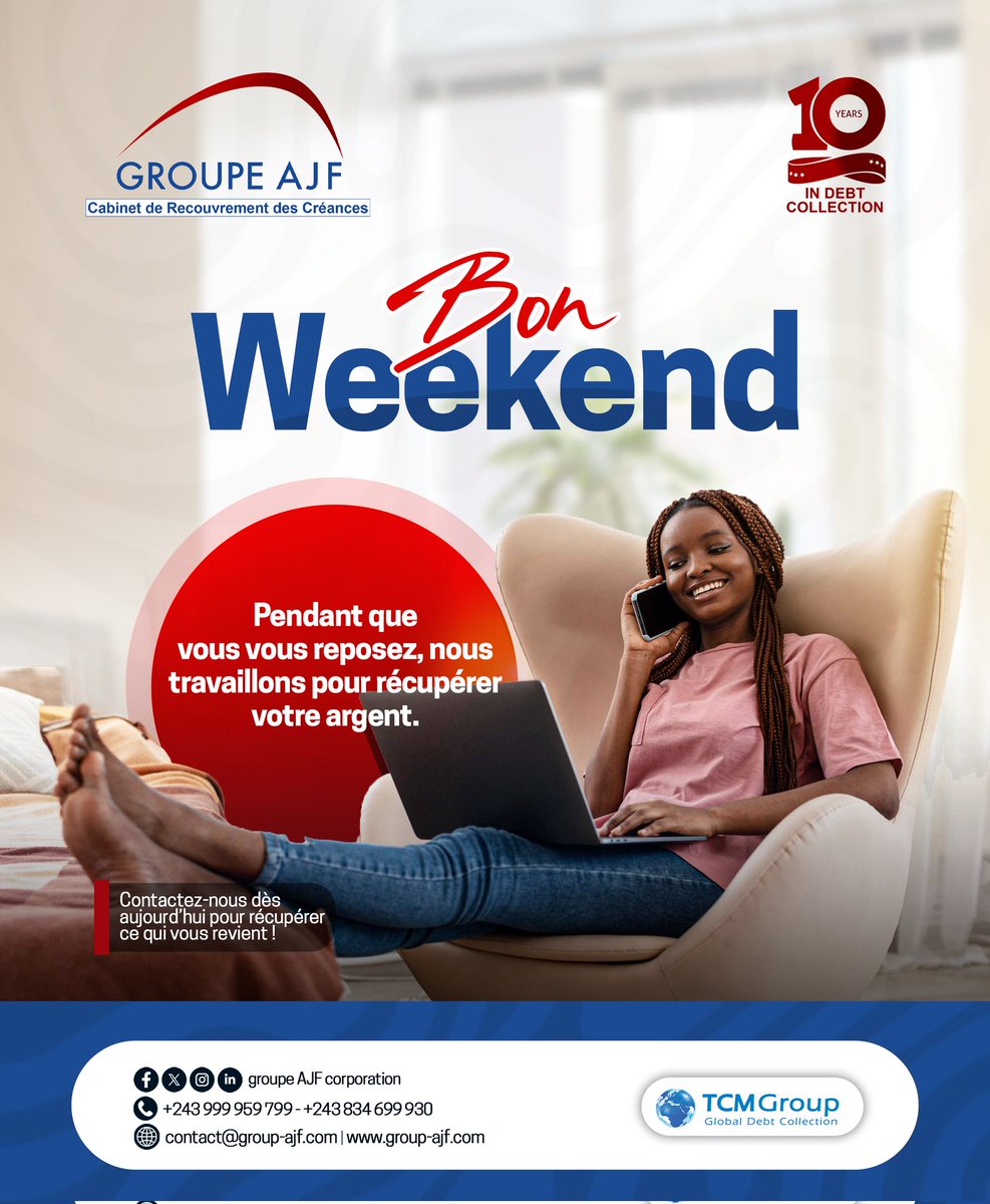 GroupeAjf's tweet photo. Profitez de votre week-end en toute tranquillité… pendant que nous nous chargeons de récupérer votre argent.

👉 Envoyez-nous votre dossier dès aujourd’hui.

#recouvrement #BusinessRDC #Entrepreneuriat #Finance #Gestion #Créances https://t.co/z90iaJDlP5