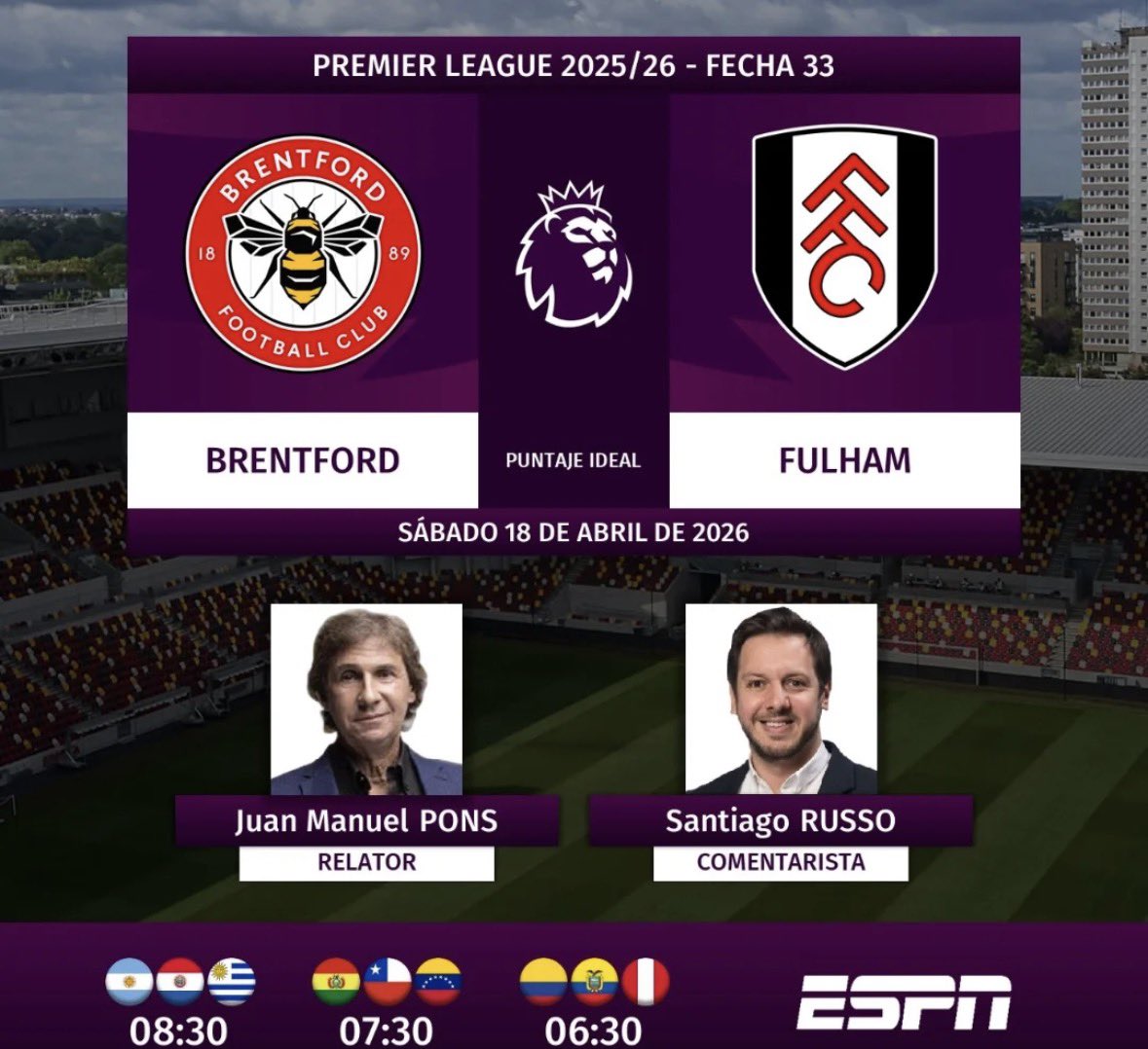 SantiRusso's tweet image. Buen día! En un rato, con el Bambino, y una buena propuesta de @premierleague
Por la pantalla de #ESPN

Brentford vs Fulham 

Te esperamos!!!