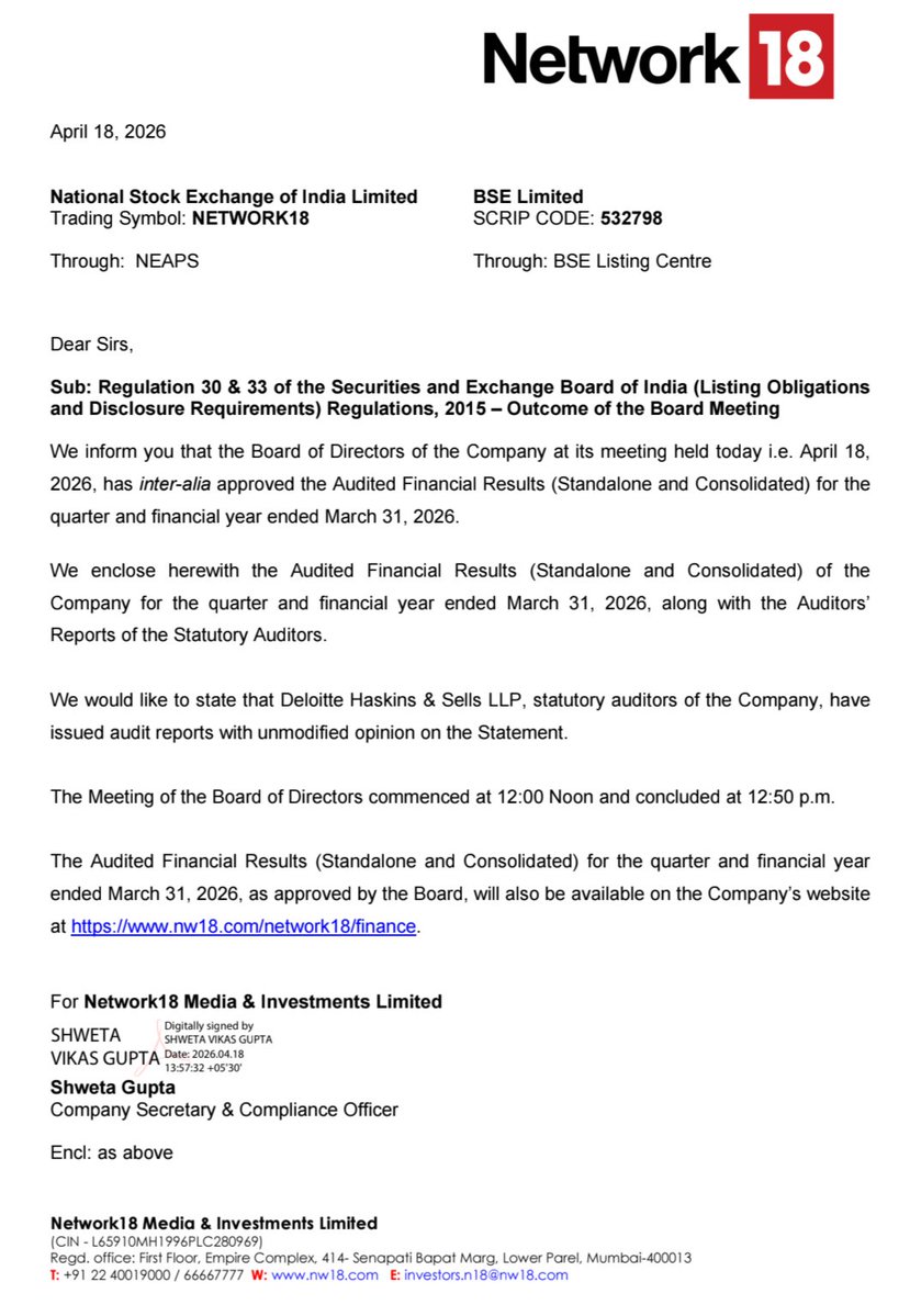 BusinessNewsPo1's tweet image. #Network18Media &amp;amp; Investments Ltd Announces Q4 &amp;amp; Annual Audited Financial Results 
#StockToWatch
#StockInNews 
#StockInFocus 
#StockMarket
#Nifty #NSE #BSE #Nifty50 #Sensex